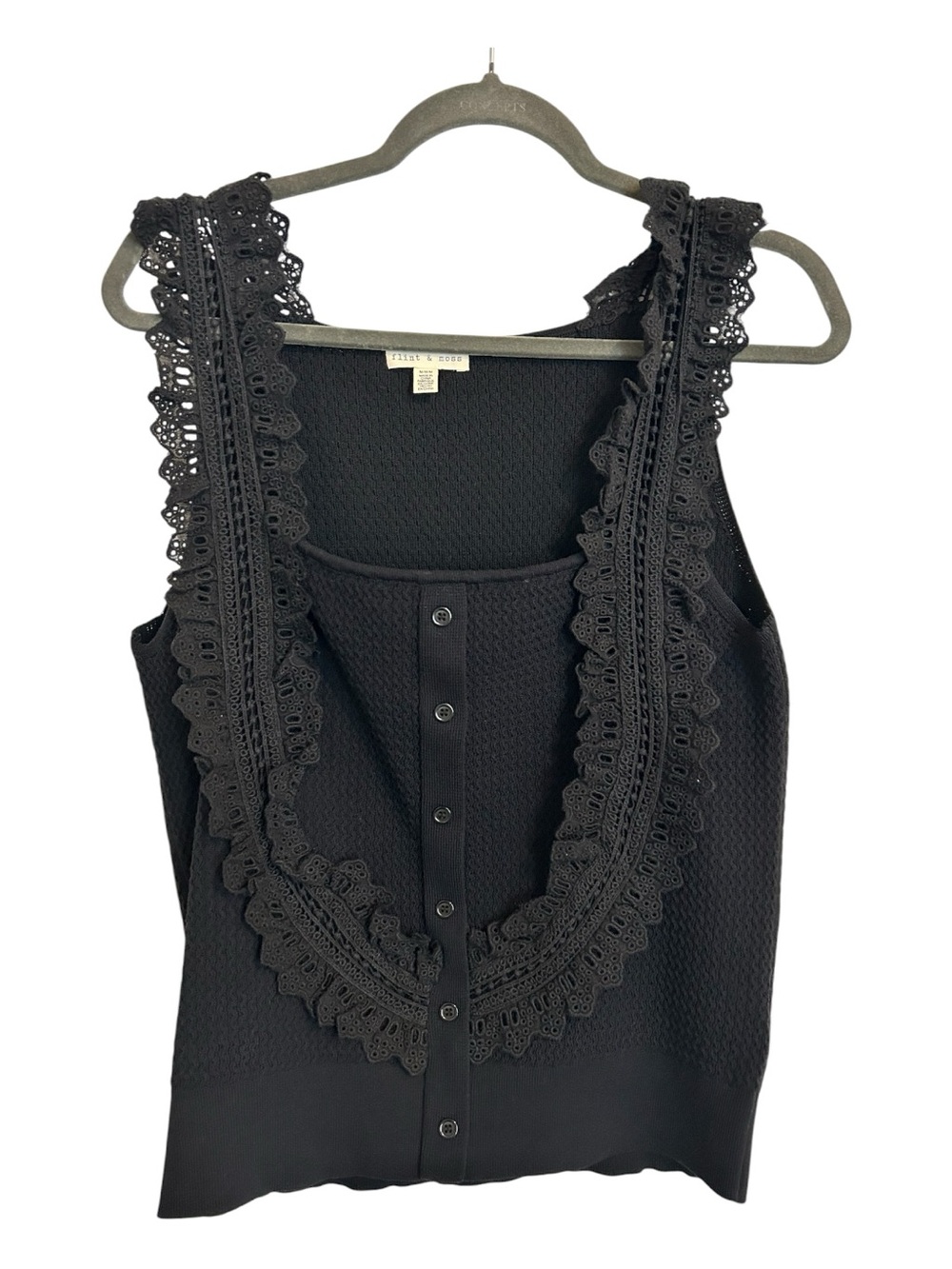 Sleeveless Black Knit Tank with Lace-Trim Detail